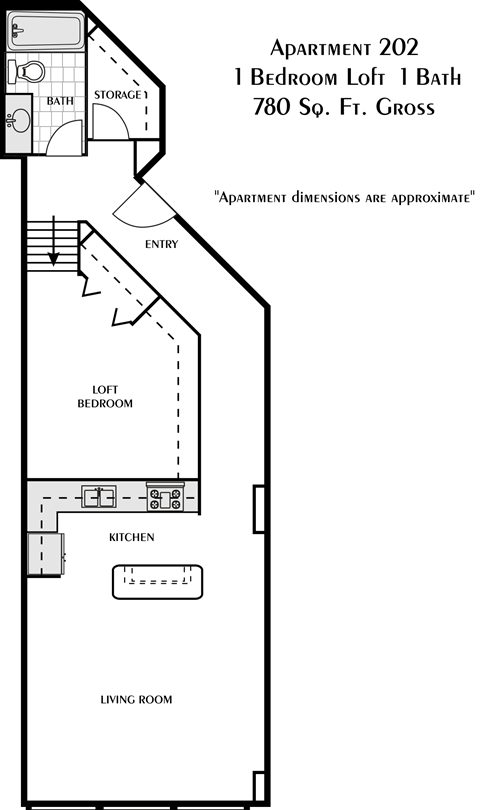 Floor plan for 1 bed, 1 bath, 780 sqft